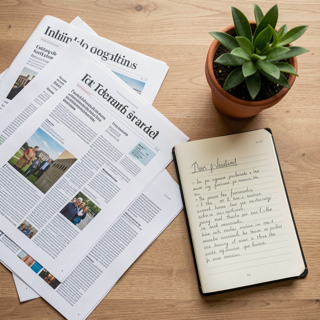 Overhead view of an editorial workspace with printed articles, a notebook with handwritten notes, and a small plant in a terracotta pot