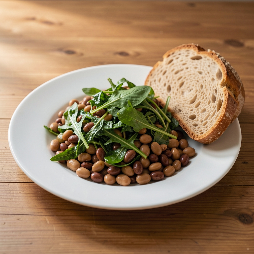 Bowl of high-protein foods including boiled eggs, legumes and leafy greens on a wooden surface in natural morning light, illustrating protein and satiety