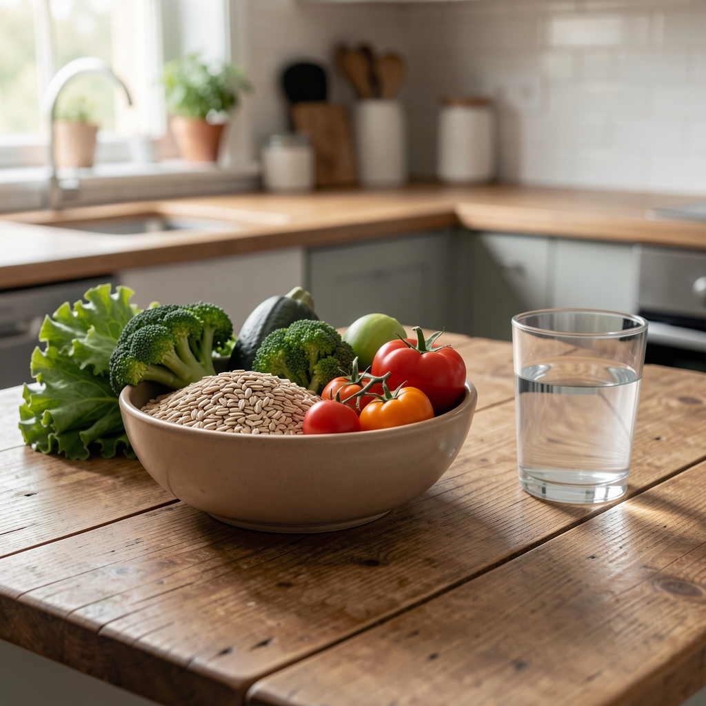 Wooden kitchen table with a bowl of whole grains, seasonal vegetables arranged neatly, and a glass of water in soft natural light