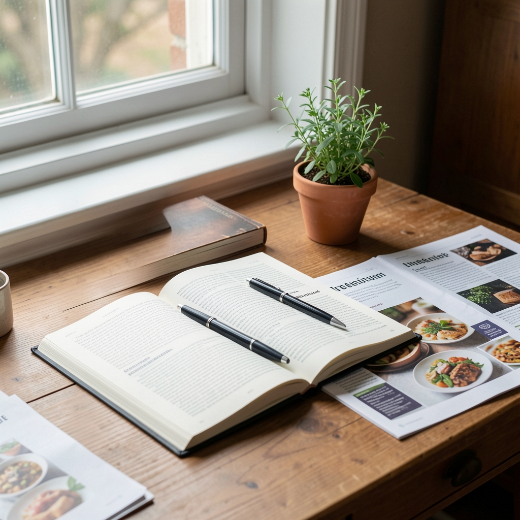 Editorial desk with open notebook, pen, printed journal pages and a small potted herb in natural window light representing thoughtful food writing process